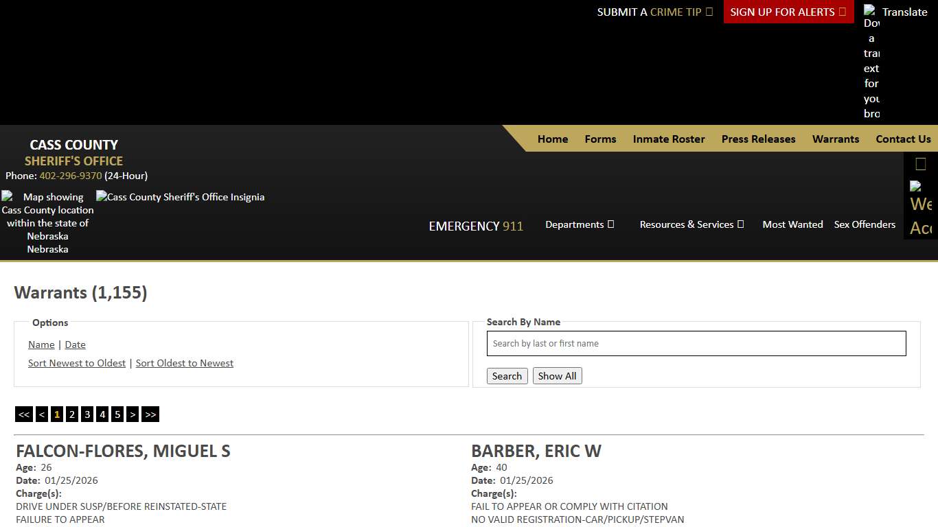 Warrants - Warrant Date - Descending - Cass County NE Sheriff's Office